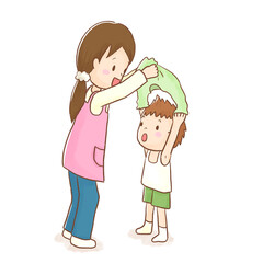 Transparent PNG of Nursery Teacher Helping Child Change Clothes / 保育士と園児の着替えイラスト（透過背景）