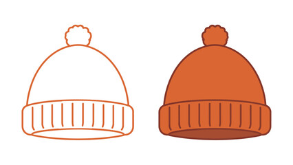 Orange Knit Winter Beanie Hat with Pom Pom Outline and Solid Flat Vector Icon Illustration Graphic Design for Cold Weather Headwear and Fashion Minimalist Style Accessory
