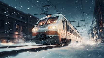 A photo of a train speeding through snow