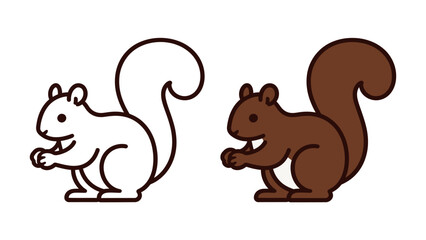 Cute cartoon squirrel icon simple outline and color illustration set. Adorable forest animal character design for kids coloring book and educational apps.