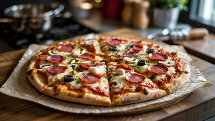 A homemade pizza sits proudly on the counter for diner