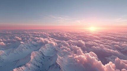 Aerial View of Snow Capped Mountain Peaks and Pink Fluffy Clouds at Sunset