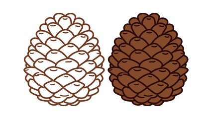 Pinecone outline and color illustration set. Simple drawing of a conifer tree fruit. Stylized symbol of autumn and forest decoration.
