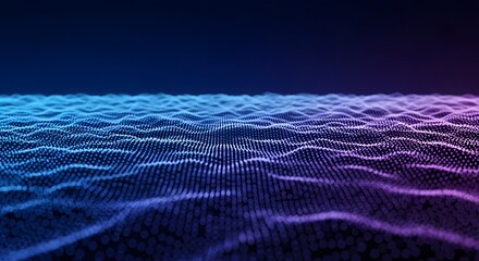 Abstract digital wave of glowing particles in blue and purple hues, representing data flow and technology