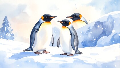 Watercolor illustration of three penguins standing in a snowy arctic landscape