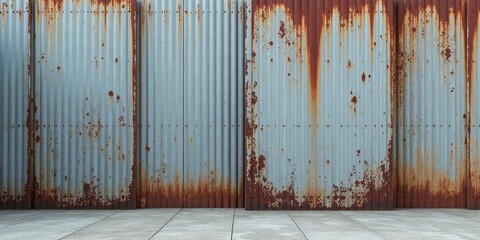 Rustic Corrugated Metal Wall with Weathered Surface and Concrete Floor Ideal for Industrial Backgrounds or Textured Designs