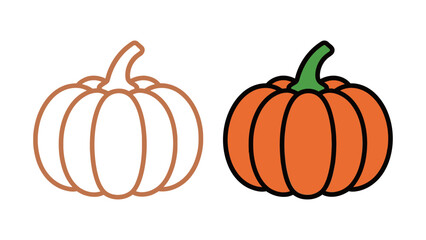 Pumpkin outline and color illustration set. Simple drawing of a classic orange squash for fall harvest, Halloween, and Thanksgiving celebrations.