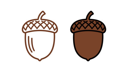 Acorn outline and color illustration set. Simple drawing of an oak nut seed. Stylized symbol of autumn, nature, and strength for seasonal design. © Zhangxiao