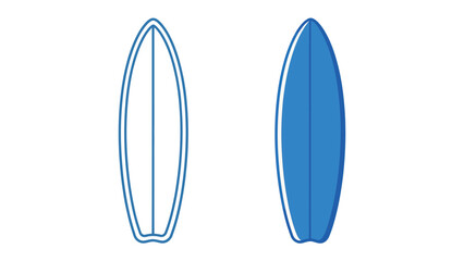 Surfboard icon outline and color illustration set. Simple vector drawing of a longboard for water sports, surfing, beach, and summer recreation.