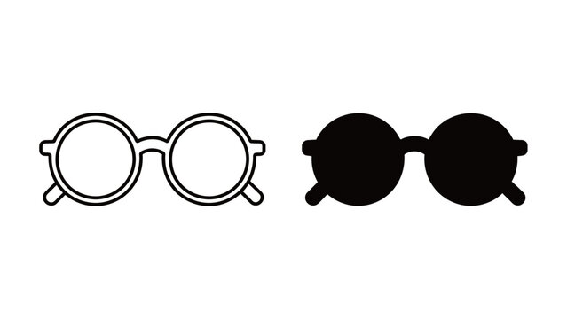 Round sunglasses outline and solid silhouette icon set. Simple vector drawing of stylish eyeglasses for summer fashion, sun protection, and eye care.