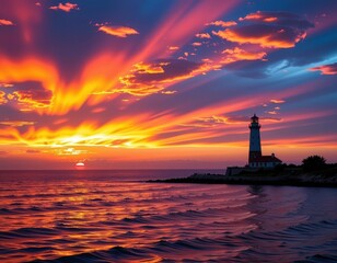 Serene sunset paints the sky in fiery hues, casting long shadows from a solitary lighthouse standing tall against the tranquil ocean, colors, red, yellow