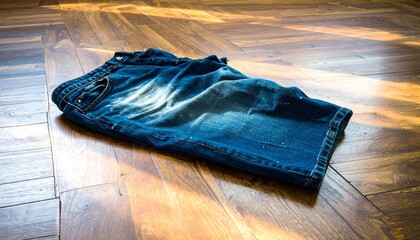 Folded blue denim shorts rest on a glossy, warm-toned wood floor in sunlight