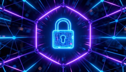Digital padlock icon in the middle of connected data network with glowing neon design, futuristic cyber defense technology, secure encryption concept, information privacy and online data protection