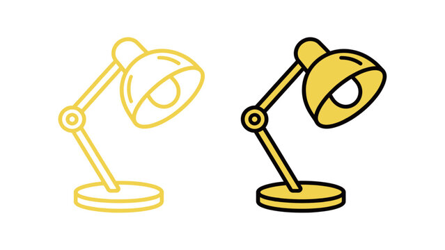 Yellow adjustable desk lamp outline and color illustration set. Simple vector drawing of a light source for work, study, office, and home interior design.