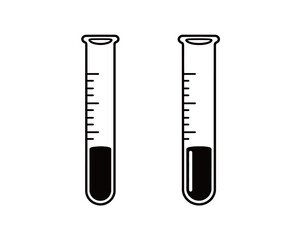 Test tube with dark liquid outline and solid silhouette icon set. Simple vector drawing of laboratory glassware for science, chemistry, and research.