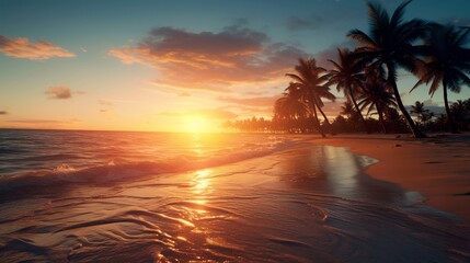 A photo of a tranquil beach sunset with palm trees