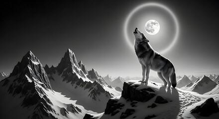 A lone wolf howls at the full moon atop a snowy mountain peak under a starry night sky