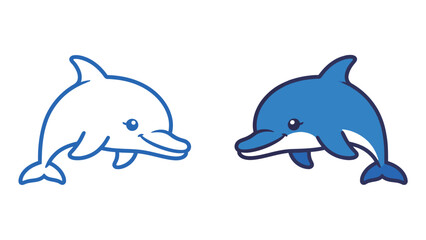 Cheerful Blue Dolphin Icon Outline and Solid Vector Illustration Mascot Logo Design Template Minimalist Flat Style Graphic Resource