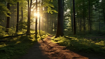 A photo of a tranquil forest path at sunrise