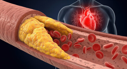 Human Heart with Blocked Artery and Cholesterol Plaque Illustration