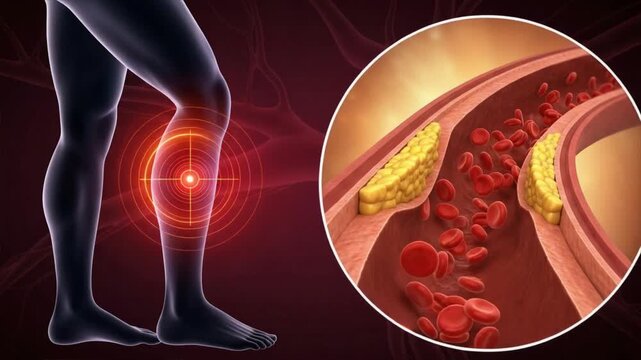 A human leg with glowing pain target and zoomed in artery cross section showing blood flow blocked by plaque, linked to varicose veins