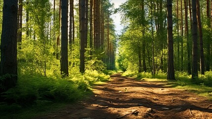 A photo of a tranquil forest path in a pine forest