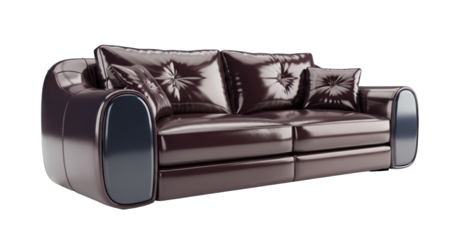 Elegant Dark Brown Leather Sofa with Rounded Arms and Buttoned Cushions.