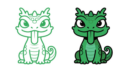 Adorable Green Lizard with Protruding Tongue Icon Outline and Solid Vector Illustration Mascot Logo Design Template Minimalist Flat Style Graphic Resource