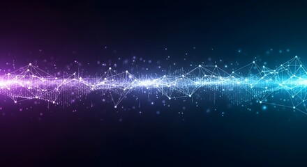 Abstract glowing particles forming a wave pattern with connecting lines and dots on a dark background, representing data or network