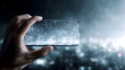 A hand holds a transparent smartphone displaying a glowing abstract nebula effect against a blurred city background at night