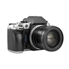 Professional black digital slr camera with lens isolated on transparent background