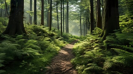 A photo of a tranquil forest path lined with ferns