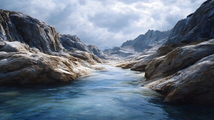 A majestic  canyon landscape features a clear river flowing through rugged textured rocks under dramatic daylight and cloudy skies