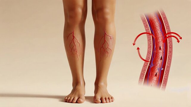 A lower legs with painful red varicose veins beneath skin alongside a detailed diagram showing blood flow, bulging veins, and spider veins