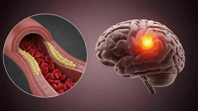 A human brain with glowing area showing stroke or inflammation with an inset of artery cross section showing blocked blood flow and varicose veins