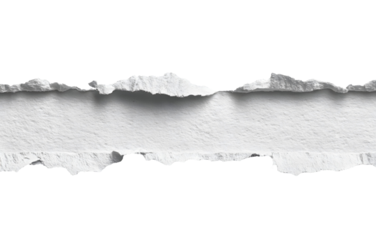 Torn white paper strip, realistic soft textured rough edge design. Isolated on transparent background.

