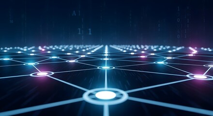 Abstract digital network of glowing nodes and connecting lines, representing global connectivity, data transfer, and technology