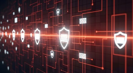 Abstract digital background with glowing red lines forming a grid and numerous shield icons representing cybersecurity and protection