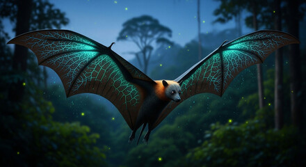 Flying fox bat in forest at night with glowing wings wildlife animal nature photography background wallpaper