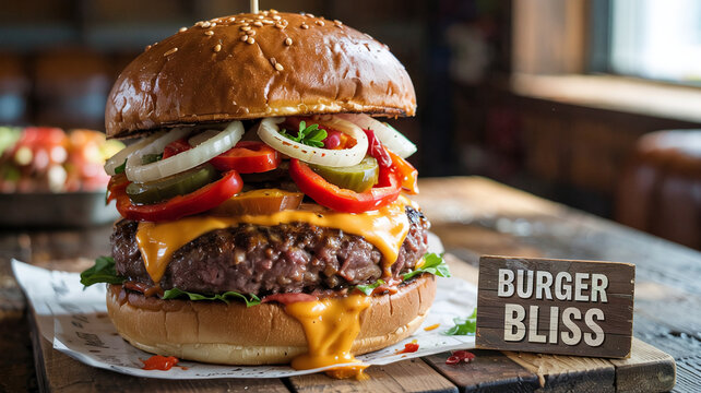 The burger is stacked high with saut&eacute;ed onions and rasted bell peppers.