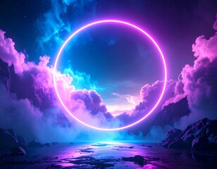 Neon circle portal through clouds (1)