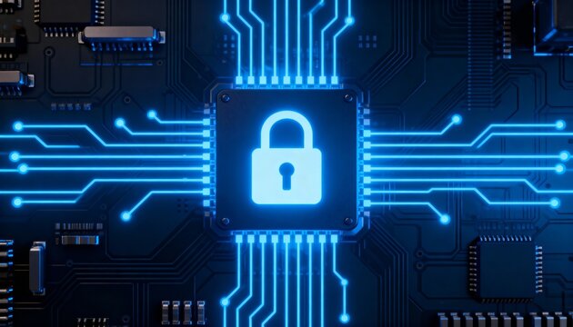 Glowing padlock icon at the center of futuristic digital circuit board, cyber security concept with blue neon technology background, secure data encryption, information privacy and network protection