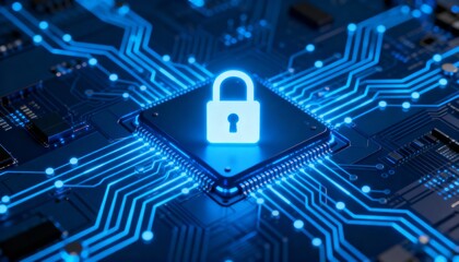 Glowing padlock icon at the center of futuristic digital circuit board, cyber security concept with blue neon technology background, secure data encryption, information privacy and network protection