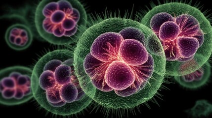 Artistic representation of Epstein-Barr virus with vivid green capsid and purple nucleocapsids,