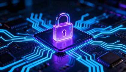 Glowing padlock icon at the center of futuristic digital circuit board, cyber security concept with blue neon technology background, secure data encryption, information privacy and network protection