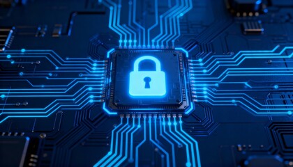 Glowing padlock icon at the center of futuristic digital circuit board, cyber security concept with blue neon technology background, secure data encryption, information privacy and network protection