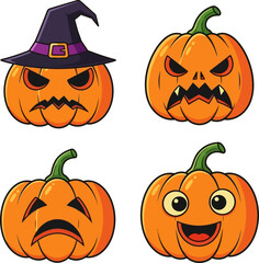 Halloween pumpkin characters with different expressions and a witch hat