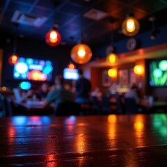 Dark night club blur, abstract bokeh background, light reflecting on polished wooden table top, blur, bar, smooth