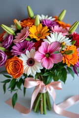 Elegant flower bouquet tied with a satin ribbon, vibrant blooms arranged in a lush composition, nature, decoration