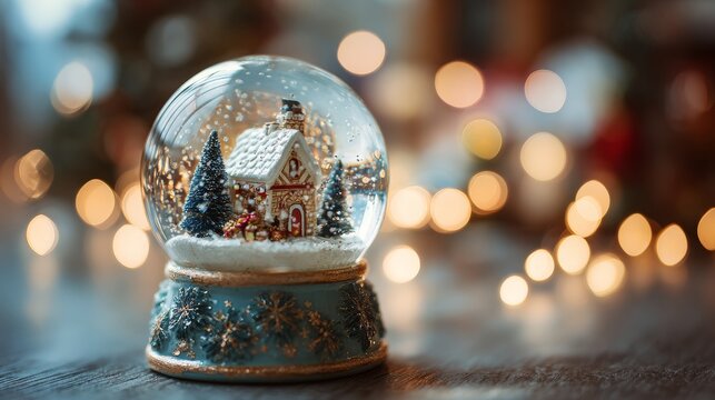 Christmas ball with a house and pine trees inside on a table with Christmas decorations - Powered by Adobe